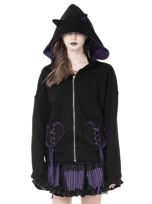 Harajuku Purple Cat Wing Back Black Velvet Lined Punk Heart Jacket