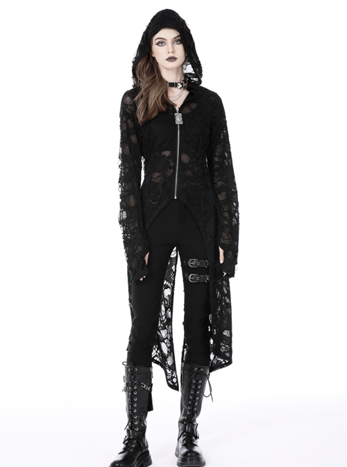 Black Destroyed Metallic Bull Head Zippered Punk Long Hooded Jacket