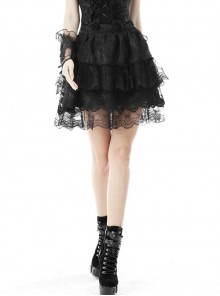 Black Lace Cake Print Tiered Frill Gothic Sexy Mini Skirt