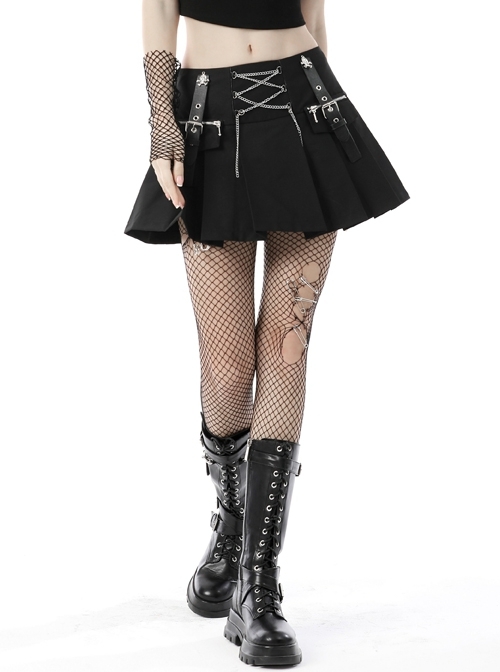 Dark Metallic Chain Skull Pleated Black Punk Rock Mini Skirt