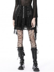 Shiny Pu Rope Zipper Decoration Black Punk-Style Rock Lace Skirt