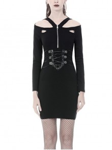 Off-Shoulder Chest Zip Lace-Up Waisted Long Sleeves Black Tight Punk Dress
