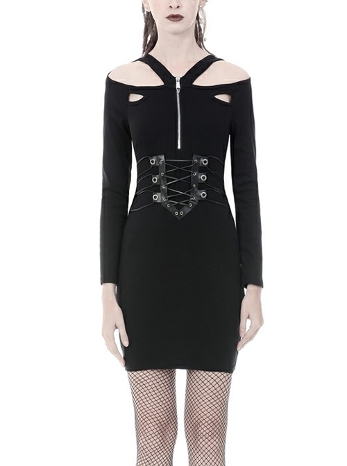 Off-Shoulder Chest Zip Lace-Up Waisted Long Sleeves Black Tight Punk Dress