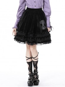 Lolita Witch Black Skull Stitching Lace Ribbon Gothic Velvet Skirt