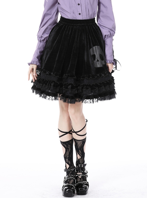 Lolita Witch Black Skull Stitching Lace Ribbon Gothic Velvet Skirt