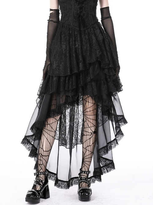 Black Chiffon Panel Lace Trim Gothic High Low Petticoat