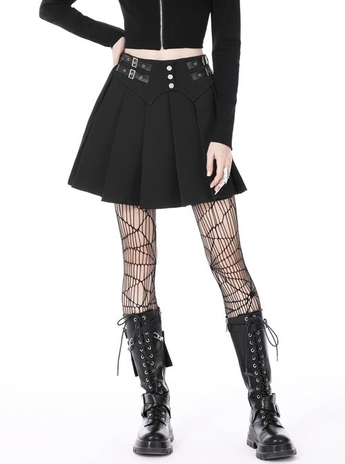 Cool Sexy Belt Button Black Rock Punk Style Pleated Skirt