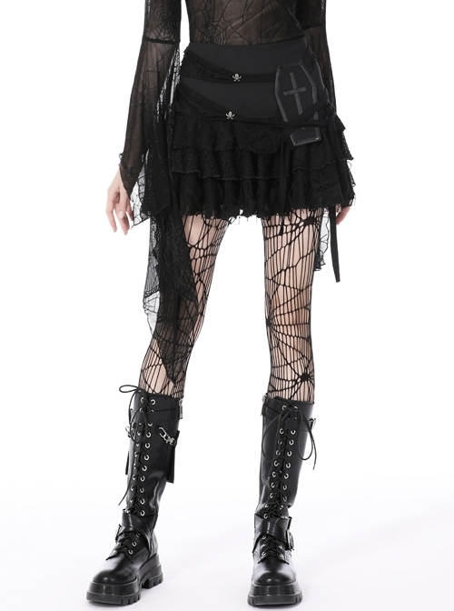 Slim Fit Black Phantom Skull Cross Embellished Gothic Ripped Skirt