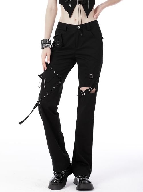 Black Slim Fit Motorcycle Studs Adjustment Loops Punk Trousers