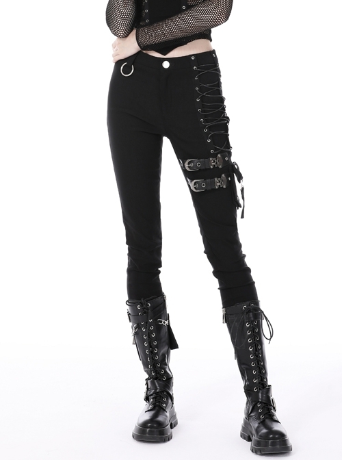 Asymmetric Side Rope Adjustment Loops Trim Black Punk Trousers