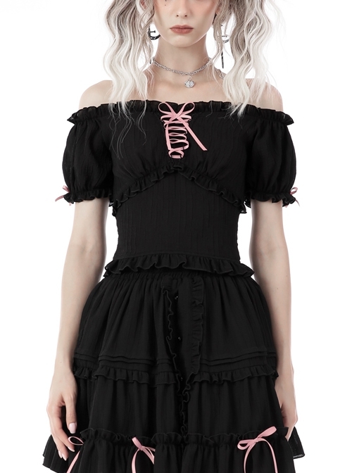 Non-Stretch Slim Fit Black Rope Front Off Shoulder Gothic Sexy Top