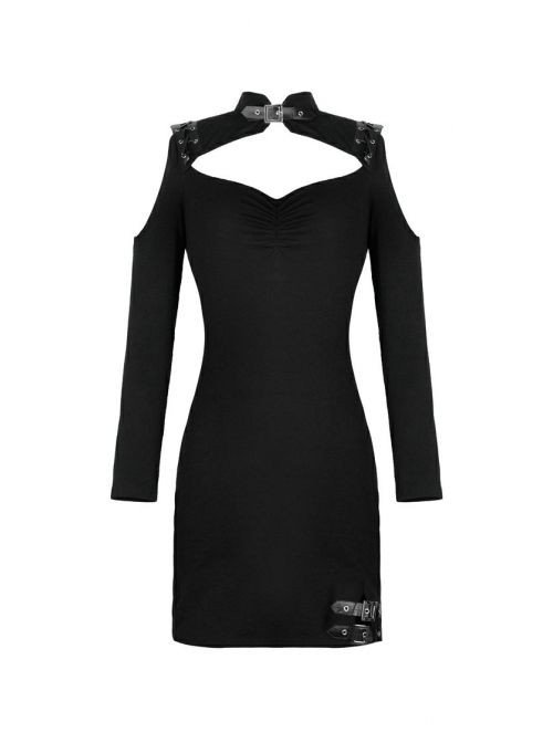 Off-Shoulder Chest Hollow Metal Inlaid Straps Black Bodycon Punk Dress