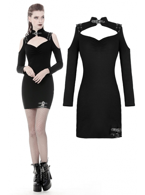 Off-Shoulder Chest Hollow Metal Inlaid Straps Black Bodycon Punk Dress