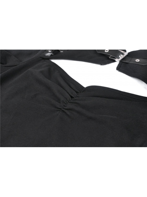 Off-Shoulder Chest Hollow Metal Inlaid Straps Black Bodycon Punk Dress