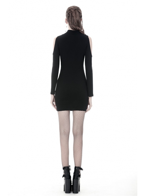 Off-Shoulder Chest Hollow Metal Inlaid Straps Black Bodycon Punk Dress