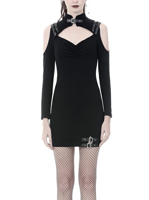 Off-Shoulder Chest Hollow Metal Inlaid Straps Black Bodycon Punk Dress