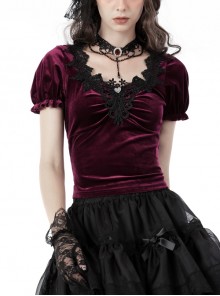 Luxury Wine Red Velvet Paneled Black Flower Collar Gothic Top