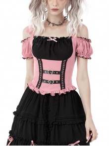 Sexy Black Pink One Shoulder Bow Knot Strap Ruffle Gothic Strapless Top