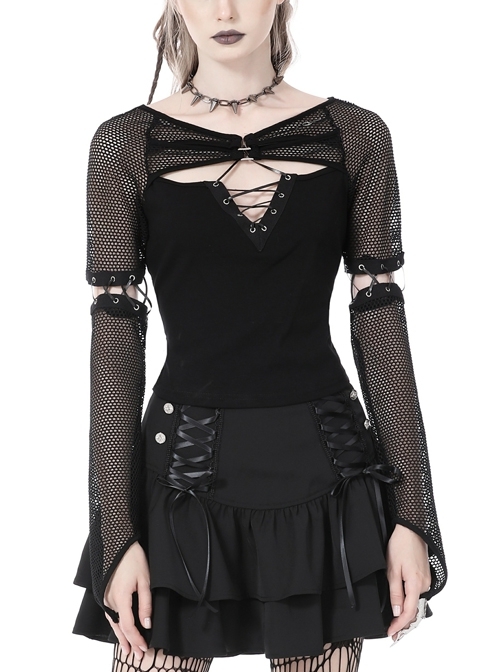 Rebellious Black Rope Panel Detachable Cutout Mesh Gothic Top