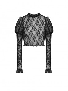 Black Sexy Lace Print See-Through Gothic Long-Sleeved Top