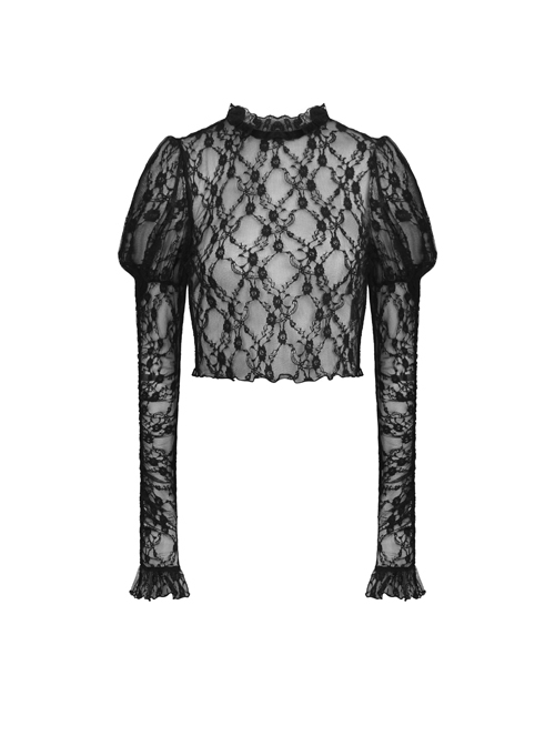 Black Sexy Lace Print See-Through Gothic Long-Sleeved Top
