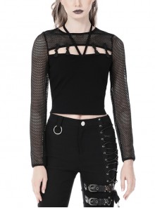 Sexy Black Chest Hollow Stitching Mesh Halter Neck Punk Style Long-Sleeved Top
