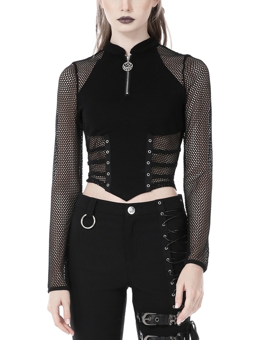 Sexy Black Motorcycle Mesh Waist Metal Smiley Zipper Punk Top
