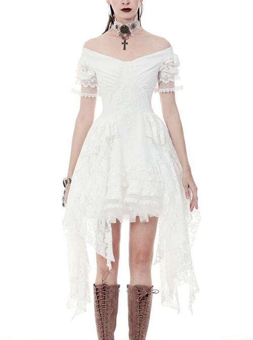 White Off-Shoulder Lace Short Sleeves Side Long Hems Wedding Punk Dress