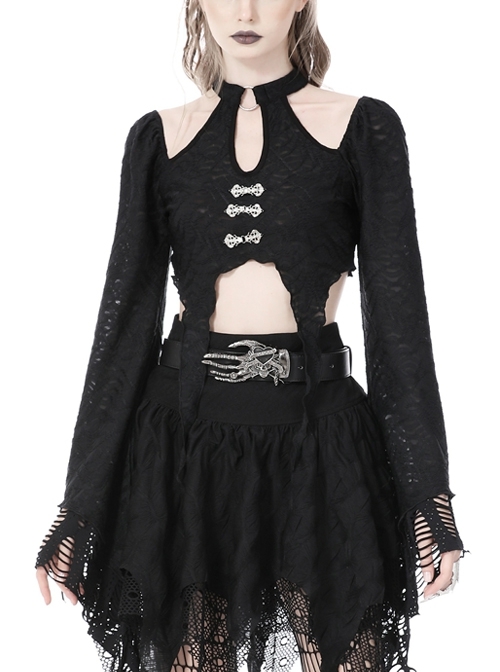 Sexy Metal Ring Black Trumpet Sleeve Off-Shoulder Gothic Ripped Top