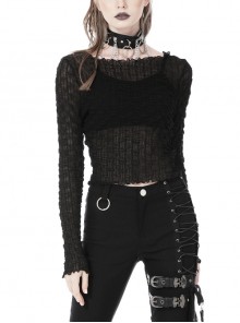 Sexy Black Shrunk Mesh Micro-Permeable Easy-To-Match Punk Style Top