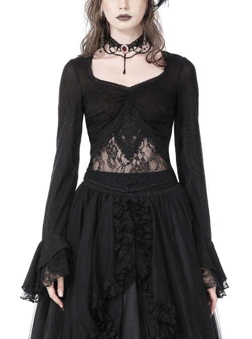 Sexy Luxury Black Belly Sheer Lace Gothic Long Sleeve Top