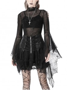 Black Sexy Spider Web See-Through Punk Style Exaggerated Long-Sleeved Top