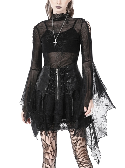 Black Sexy Spider Web See-Through Punk Style Exaggerated Long-Sleeved Top