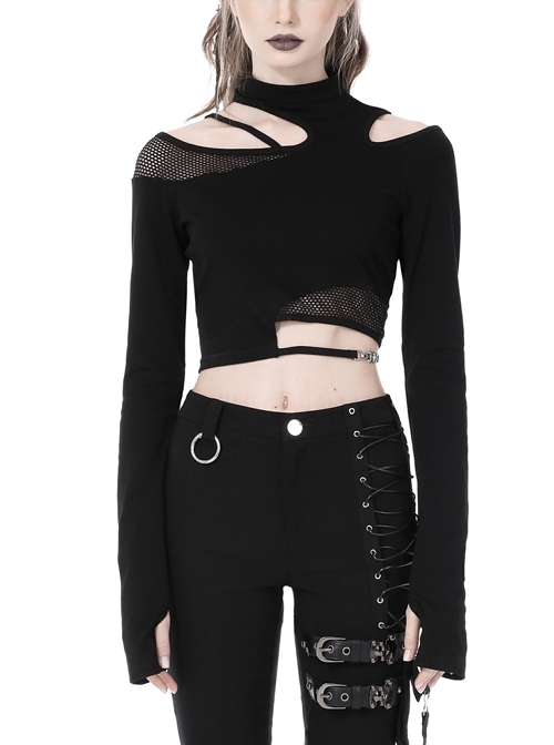Sexy Black Off-The-Shoulder Paneled Mesh Halterneck Punk Asymmetric Top