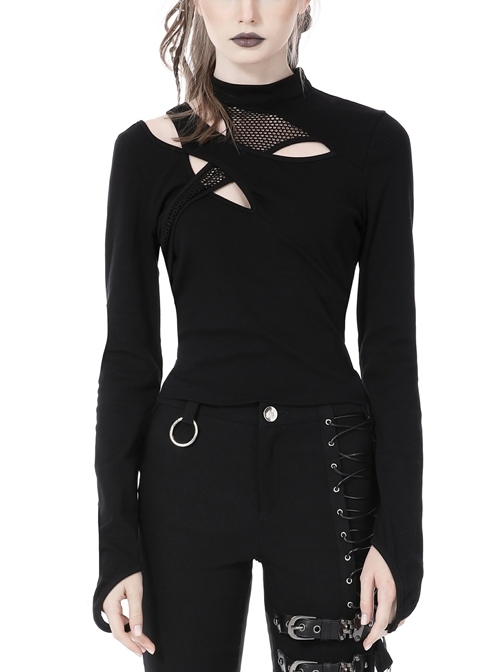 Sexy Black Stitching Mesh Halter Neck Irregular Hollow Punk Style Top