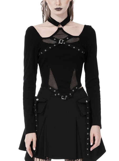 Sexy Black Paneled Mesh Halter Neck Metal Eyelet Punk Top