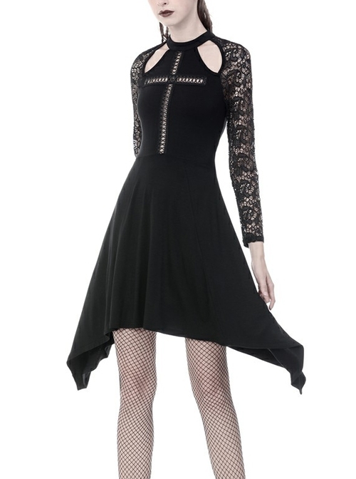 Hollow Cross Lace Long Sleeves Side Long Hems Black Gothic Dress