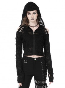 Black Decadent Ripped Shoulder Cutout Rope Punk Hooded Top