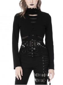 Sexy Black Mesh Stitching Rope Metal Ring Punk Style Hollow Top