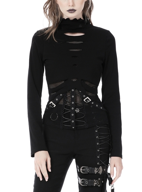 Sexy Black Mesh Stitching Rope Metal Ring Punk Style Hollow Top