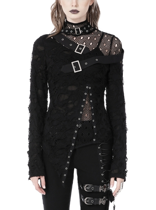 Sexy Black Ripped Stitching Floral Mesh Punk Style Asymmetrical Top