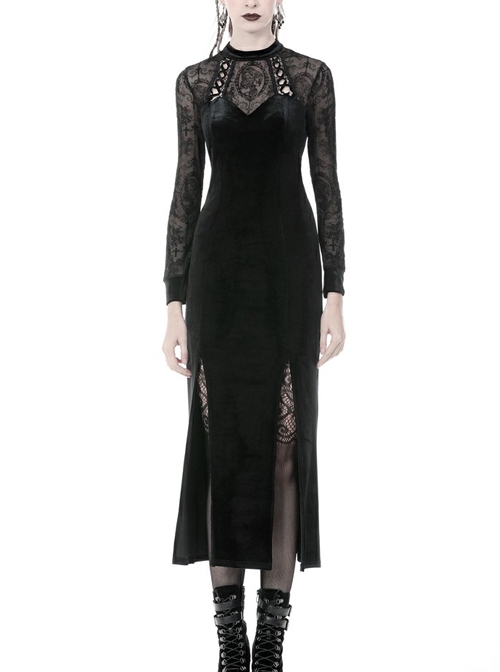 Lace Embroidery Long Sleeves Slit Hem Long Black Velvet Gothic Dress