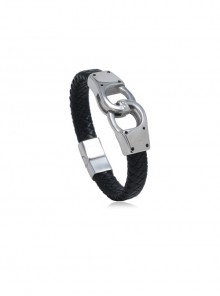 Simple Vintage Stainless Steel Handcuffs Men's Leather Bracelet