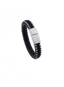 Simple Personality Black Hand-Woven Metal Bead Chain Stainless Steel Buckle Men's Leather Bracelet