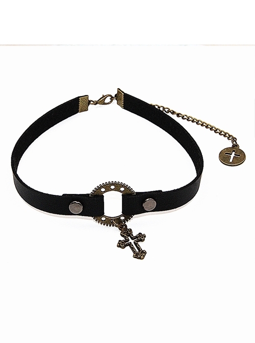 Steampunk Gothic Rivet Gear Hollow Out Crucifix PU Leather Necklace