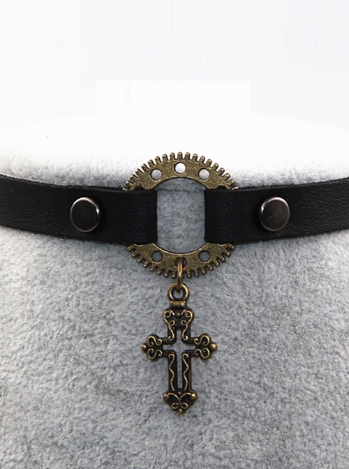 Steampunk Gothic Rivet Gear Hollow Out Crucifix PU Leather Necklace