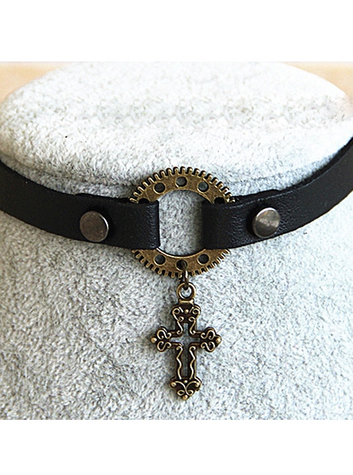 Steampunk Gothic Rivet Gear Hollow Out Crucifix PU Leather Necklace