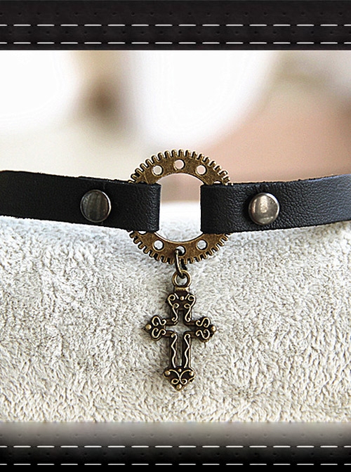 Steampunk Gothic Rivet Gear Hollow Out Crucifix PU Leather Necklace