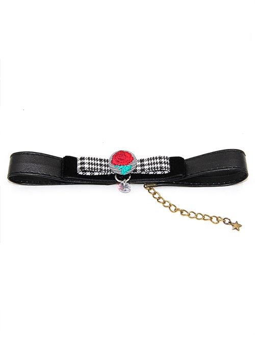 Gothic Retro Red Rose Embroidery Black White Plaid Velvet PU Leather Necklace