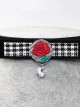 Gothic Retro Red Rose Embroidery Black White Plaid Velvet PU Leather Necklace